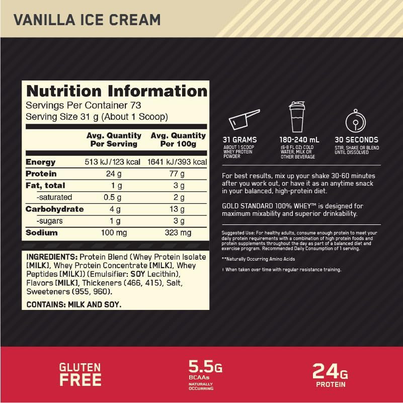 Gold Standard 100% Whey Protein Powder, Vanilla Ice Cream, 907G