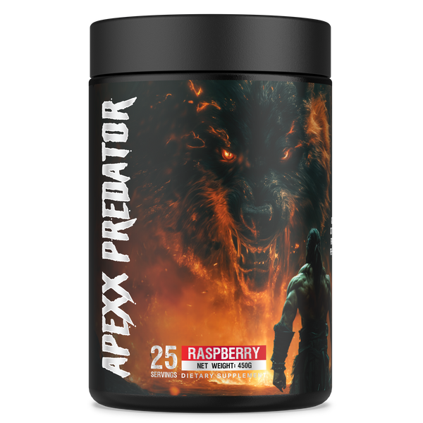 Supplement container labeled 'Apexx Predator' with a lion and warrior design on a white background.