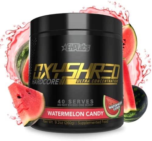 EHP Labs OxyShred Hardcore Thermogenic Pre Workout Shredding Supplement - Promotes Shredding, Energy Booster, Pre-Workout, Mood Booster - Watermelon Candy, 40 Servings