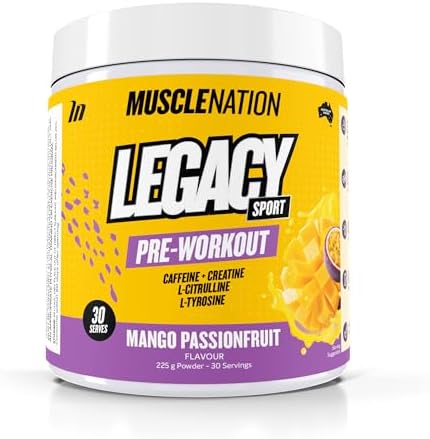 Muscle Nation Mango Passionfruit Legacy Sport Pre-Workout - Powder Supplement for Energy, Focus, Muscle Recovery and Hydration Support – 225g (30 Serves)