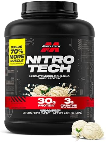 MuscleTech Whey Protein, Nitro-Tech Whey Isolate + Peptides, Lean with Creatine, Sports Nutrition for Men & Women, Vanilla, 1.81kg (40 Servings)