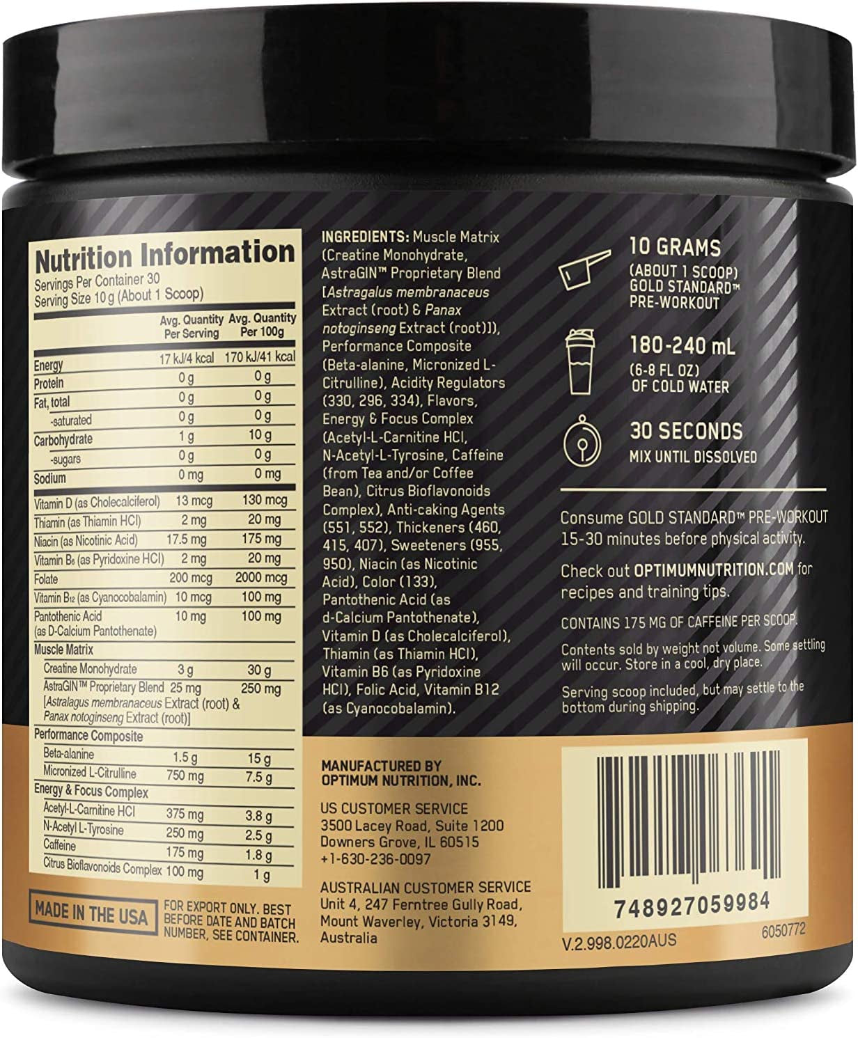 Gold Standard Pre Workout, Blueberry Lemonade, 300G, 30 Servings