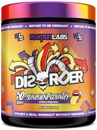 Faction Labs Disorder Original Pre-Workout Powder, Sunburnt Country (Strawberry Mango) Flavour, 450 g (50 Serves) – High-Stim Formula for Energy and Focus – Vegan & Gluten Free – Almost Zero Sugar