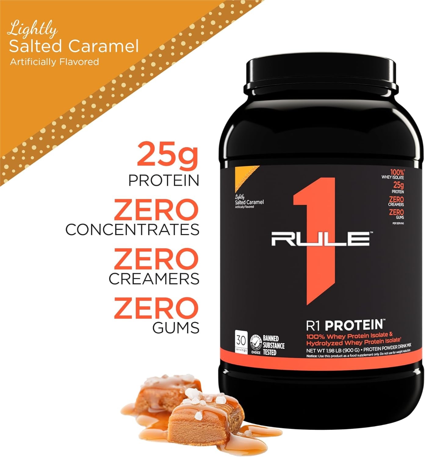 R1 100% Whey Protein Isolate and Hydrolysate Protein Powder 1.98 Lb, Lightly Salted Caramel (30 Servings)