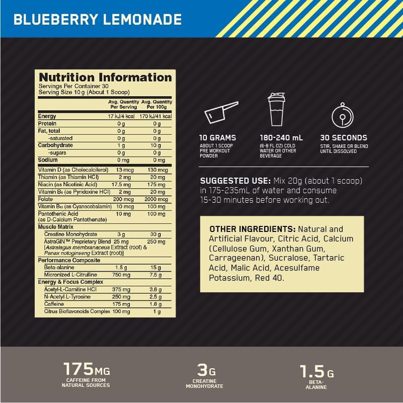 Gold Standard Pre Workout, Blueberry Lemonade, 550G 55 Servings