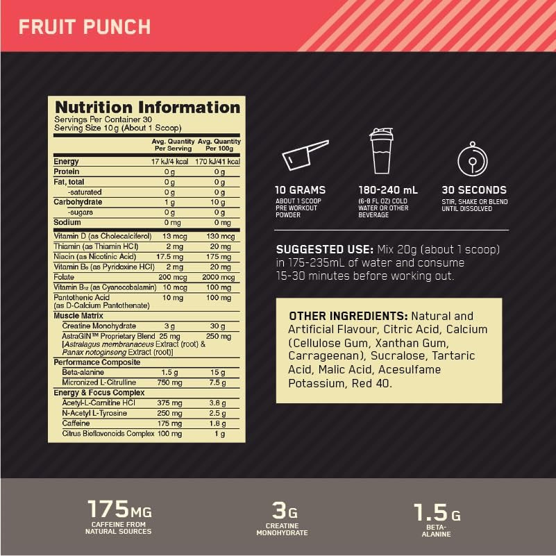 Gold Standard Pre Workout, Fruit Punch, 300G, 30 Servings
