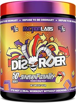 Faction Labs Disorder Original Pre-Workout Powder, Sunburnt Country (Strawberry Mango) Flavour, 450 g (50 Serves) – High-Stim Formula for Energy and Focus – Vegan & Gluten Free – Almost Zero Sugar