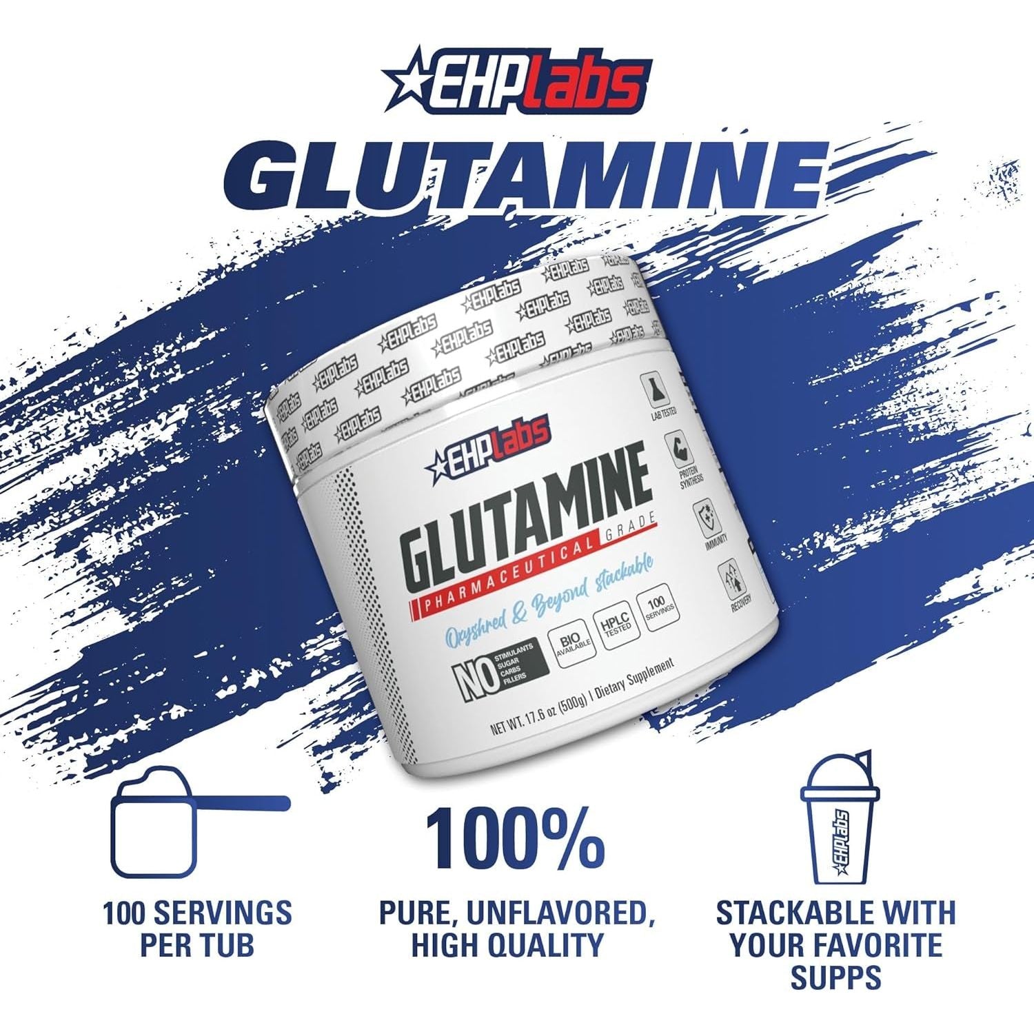 Ehplabs L Glutamine Powder Amino Acids - L-Glutamine Supplement for Gut Health (500G) Improves Muscle Recovery, Focus & Concentration - 100 Servings
