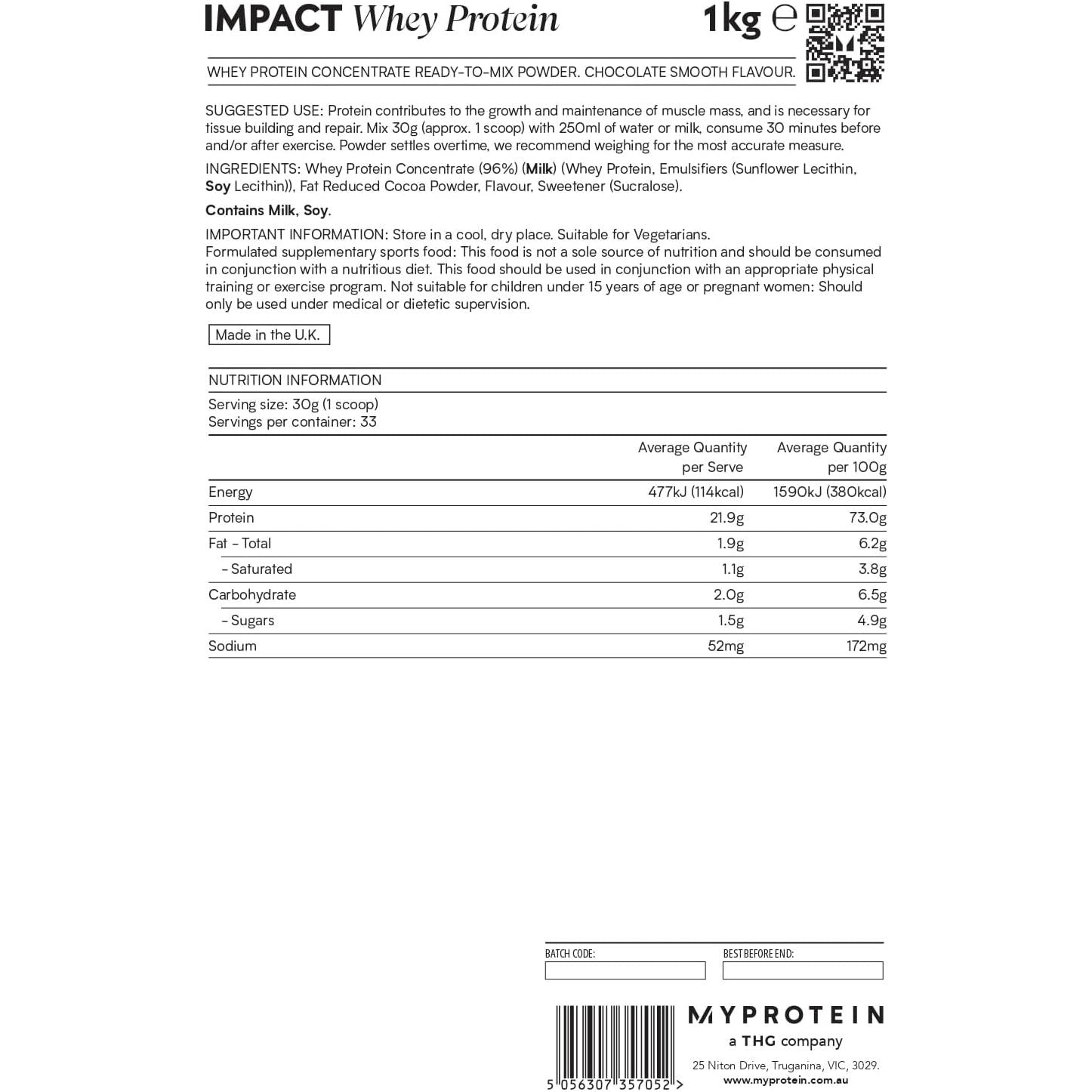Impact Whey Protein Powder – 1Kg - 21.9G of Protein per Serving, Supports Muscle Building, Recovery & Lean Muscle Maintenance – 33 Servings (1Kg, Chocolate Smooth)